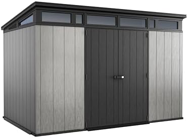 Keter Artisan 11x7 Modern Resin Outdoor Storage Shed Kit-Perfect to Store Patio Furniture, Garden Tools Bike Accessories, Beach Chairs and Lawn Mower, Grey & Black