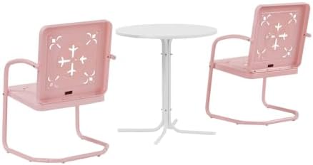 Crosley Furniture Azalea 3-Piece Vintage Outdoor Bistro Set, Retro Metal Patio Table and Chairs, Porch, Balcony, Pastel Pink Gloss/White Satin