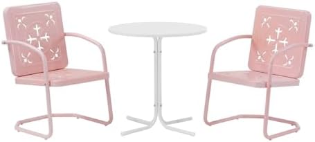 Crosley Furniture Azalea 3-Piece Vintage Outdoor Bistro Set, Retro Metal Patio Table and Chairs, Porch, Balcony, Pastel Pink Gloss/White Satin