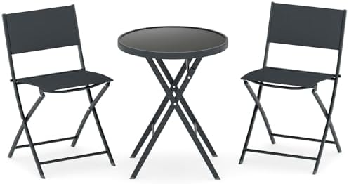 Folding Patio Bistro Set - Tempered Glass Round Table with 2 Fabric Chairs - Metal Frame Garden Dining Furniture for Outdoor Use