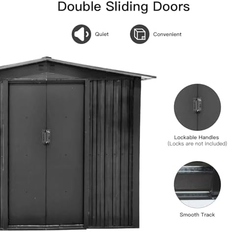 Garden Storage Shed Metal 8 x 10 FT Outdoor Box with Base 4 Vents Lockable Sliding Doors Sloped Apex Roof for Patio Backyard Bike Tool All-Weather (Grey)