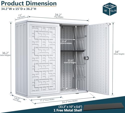 HOMSPARK Medium Resin Storage Cabinet Waterproof, 60-Gallon Indoor & Outdoor Deck Box for Garden Tools, kitchen Accessories, with 2 Laminate Shelves, (34 in. L x 15 in. W x 36 in. H, Light Beige)