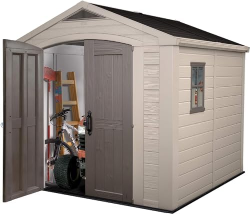 Keter, Factor Outdoor Plastic Garden Storage Shed, elegant wood-effect exterior with double doors and ventilation grills, heavy-duty floor with window and skylight, 255 x 256.5 x 243 cm, Beige