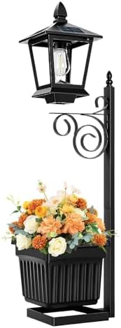 Solar Post Light - 2 in 1 Outdoor Solar Lantern with Flower Pot, Decorative Garden Lanterns for Patio Porch Backyard Lawn Deck Balcony Pathway Apartment, Waterproof LED Lighting for Night Use