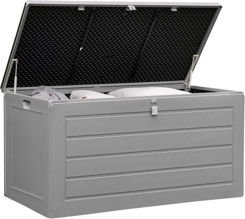 Olsen & Smith 680L XL Outdoor Garden Storage Box, Weatherproof Wood Effect Outdoor Storage Box, Lockable Large Storage Box with Lid, Padlock, Seat, Storage Boxes with Lids, Anthracite, 146 x 71 x 75cm