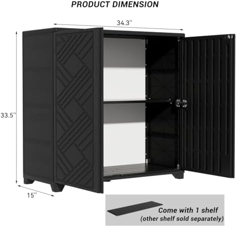 KINYING Outdoor Storage Cabinet Waterproof, 60 Gallon Resin Outdoor Storage Shed for Patio/Garden/Backyard, Outdoor Storage Box for Cushions,Garden Tools and Pool Supplies(Black with 1 Shelving)