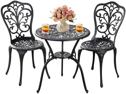 Patio Bistro Set 3 Piece Outdoor,Cast Aluminum Outdoor Bistro Table and Chair Set of 2 with 1.97" Umbrella Hole,All Weather Bistro Table Set for Front Porch Set(Butterfly Black)