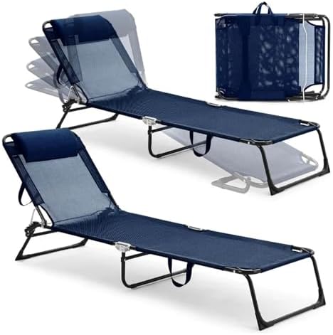 Lounge Folding Sun Lounger 2 Pack Folding Chaise Lounge Chairs Outdoor Adjustable Chair with Reclining Back Detachable Pillow Breathable Mesh Sun Lounger(Beige)