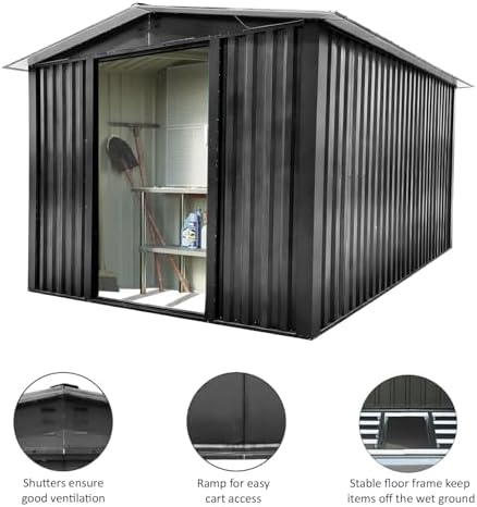 Garden Storage Shed Metal 8 x 10 FT Outdoor Box with Base 4 Vents Lockable Sliding Doors Sloped Apex Roof for Patio Backyard Bike Tool All-Weather (Grey)