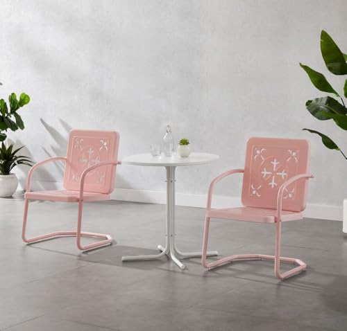 Crosley Furniture Azalea 3-Piece Vintage Outdoor Bistro Set, Retro Metal Patio Table and Chairs, Porch, Balcony, Pastel Pink Gloss/White Satin