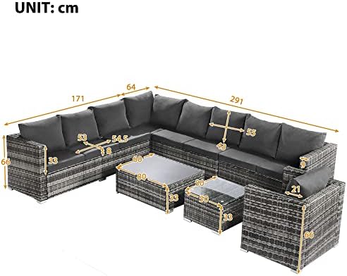 Topchances 9-seater Large Rattan Garden Corner Sofa Set, Outdoor Garden Furniture Set Patio Sofa Set with Coffee Table, Seat Cushions and Back Cushions