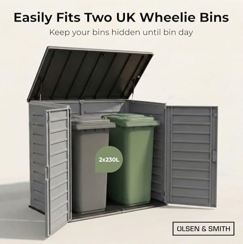 Olsen & Smith Wheelie Bin Storage Shed 1170L Extra Large XL Outdoor Garden Storage Boxes with Padlock - Plastic Shed Box Cabinet Cupboard - for 2x 230L Bins, Garden Tools, Bike Storage, Toys & More