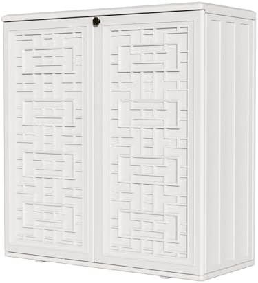 HOMSPARK Medium Resin Storage Cabinet Waterproof, 60-Gallon Indoor & Outdoor Deck Box for Garden Tools, kitchen Accessories, with 2 Laminate Shelves, (34 in. L x 15 in. W x 36 in. H, Light Beige)