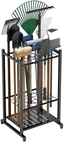 Sttoraboks Garden Tool Organiser, Yard Tool Tower Rack for Garage Organisation and Storage, up to 35 Long Handled Tools, Heavy Duty Steel Garden Tool Stand for Shed, Outdoor, Black