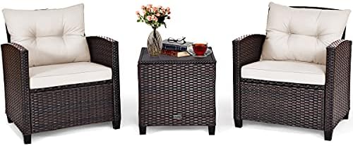 Tangkula 3 Pieces Patio Furniture Set, PE Rattan Wicker 3 Pcs Outdoor Sofa Set w/Washable Cushion and Tempered Glass Tabletop, Conversation Furniture for Garden Poolside Balcony (White)