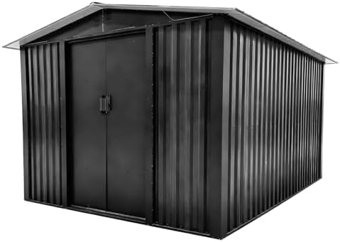 Garden Storage Shed Metal 8 x 10 FT Outdoor Box with Base 4 Vents Lockable Sliding Doors Sloped Apex Roof for Patio Backyard Bike Tool All-Weather (Grey)
