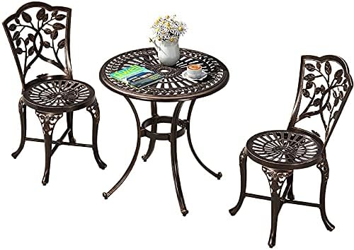 3 Piece Patio Bistro Table Set w/Leaf Design - Antique Finish Outdoor Cast Aluminum Furniture Set w/Umbrella Hole - Rust-Resistant Table and Chairs for Balcony Backyard Garden