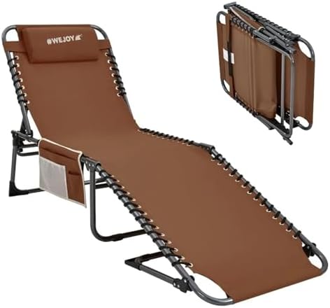 Lounge Folding Sun Lounger Folding Patio Chaise Lounge Chair with Canopy Sun Shade for Outdoor 5-Position Beach Lounger Chair with Pillow and Side Pocket(Khaki)