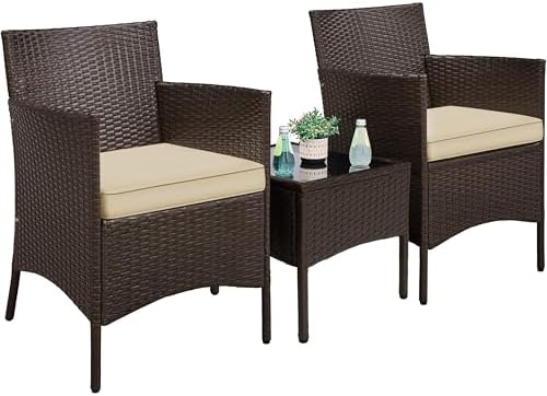 Yaheetech 3-Piece Rattan Garden Set, Outdoor Patio Conversation Furniture, Woven Chairs & 1 Side Table with Cushions for Bistro/Porch/Garden/Deck/Courtyard, Brown/Khaki