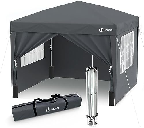 VOUNOT 3 x 3 m Folding Gazebo with 4 Side Parts, Garden Gazebo Pop Up Pavilion Tent with 4 Weight Sand Bags and Transport Bag, Grey