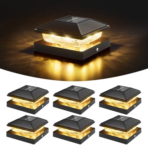 VOLISUN Solar Post Cap Lights 6 Pack, 4x4 Deck Fence Post Solar Lights Outdoor with Warm White Lighting, Waterproof Solar Lights for Vinyl/Wood Posts to Decorate Fence, Deck, Garden, Patio