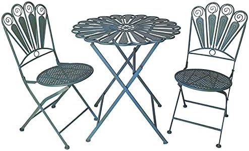 Indoor/Outdoor 3-Piece Peacock Feather Rustic Bistro Set - Metal Folding Round Table and Chair - All Weather Resistant Patio Furniture Set - Light Blue