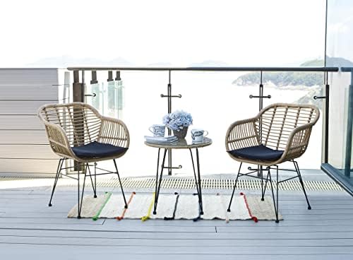Lima 3-Piece Natural PE Rattan Outdoor Set with 2 Single Chairs with Cushions and Side Table with Glass Top, Jet Black Removable Cushions Cover