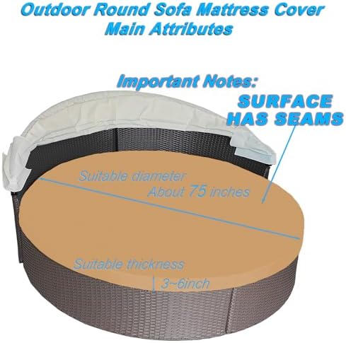 Round Outdoor Daybed Cushion Cover Replacement, Anti-UV Water-Resistant Patio Sunbed Cover with Elastic Band, Spliced Design for Sun Bed Accessories (Cover Only) (Khaki, 75" * 75")