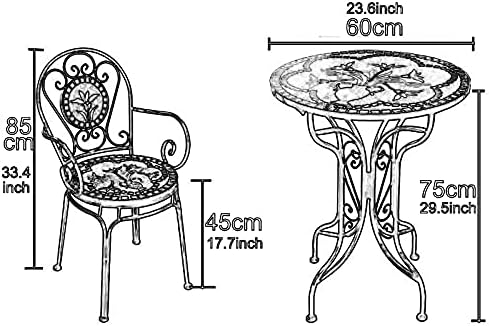 European Style Iron Art 3 Piece Bistro Set with Retro Stained Glass Mosaic Flower Pattern - Outdoor/Indoor Furniture Sets Armrest and Backrest Patio Table Chairs for Yard, Garden, Antique Green