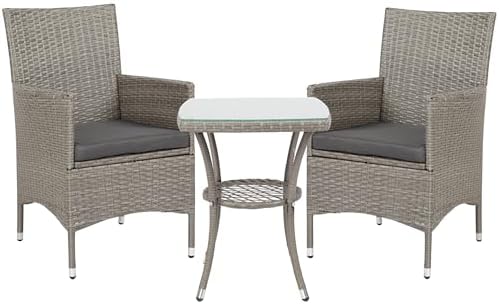 Outsunny 3 Pieces Rattan Bistro Set, Wicker Garden Furniture Set with 2-Tier Coffee Table and Chairs, Washable Cushions, for Outdoor Patio Balcony, Grey