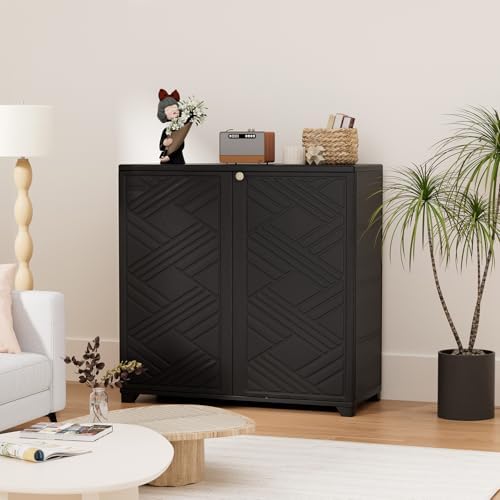 HOMSPARK Indoor/Outdoor Storage Cabinet with Doors and 1 Shelf, 34”x15”x34” HDPE Plastic Storage Box for Bedroom, Bathroom, Living Room, Balcony, Multi-Purpose for Daily Tools, Black