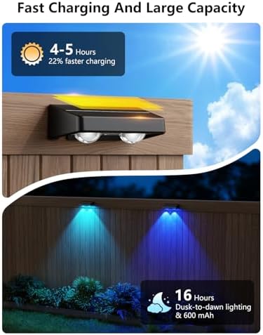 Solar Fence Lights Outdoor, 12 Pack Color-Changing Garden Lights Solar Powered IP65 Waterproof with 9 Colors & 11 Lighting Modes, Dusk to Dawn Solar Wall Lights for Fence, Patio, Deck Decor