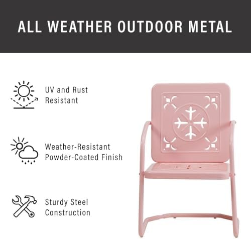 Crosley Furniture Azalea 3-Piece Vintage Outdoor Bistro Set, Retro Metal Patio Table and Chairs, Porch, Balcony, Pastel Pink Gloss/White Satin