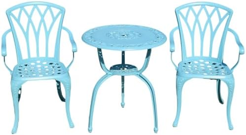 KAILI 3 Piece Bistro Table Set Cast Aluminum Outdoor Patio Furniture with Chair with armrests (Light Blue)