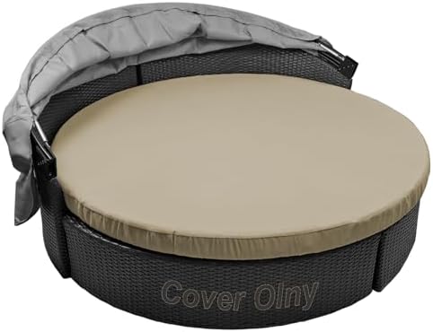 Round Outdoor Daybed Cushion Cover Replacement, Anti-UV Water-Resistant Patio Sunbed Cover with Elastic Band, Spliced Design for Sun Bed Accessories (Cover Only) (Khaki, 75" * 75")