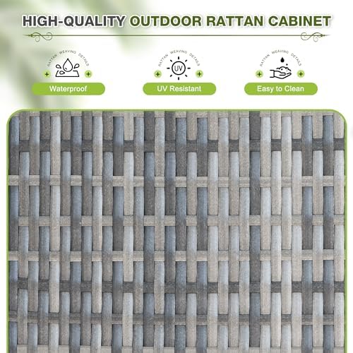 Greesum Rattan Storage Shed, Outdoor Towel Rack with 2 Storage Shelves & 1 Bottom Drawer, Suitable for Pool Patio Garden Deck, Grey