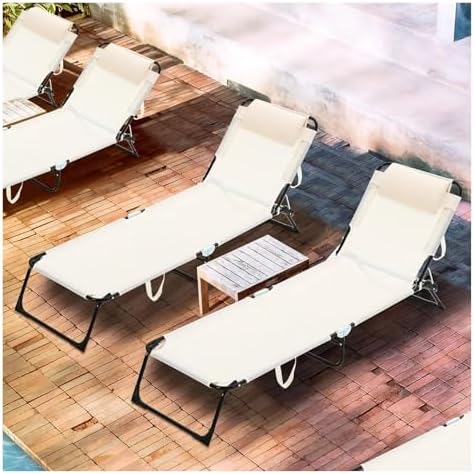 Lounge Folding Sun Lounger 2 Pack Folding Chaise Lounge Chairs Outdoor Adjustable Chair with Reclining Back Detachable Pillow Breathable Mesh Sun Lounger(Beige)