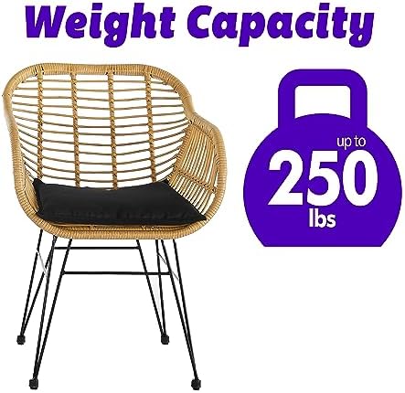 Lima 3-Piece Natural PE Rattan Outdoor Set with 2 Single Chairs with Cushions and Side Table with Glass Top, Jet Black Removable Cushions Cover