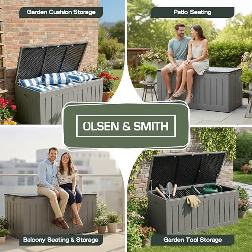 Olsen & Smith 830L Garden Cushion Storage Box & Bench – Waterproof Outdoor Storage for Patio Furniture Cushions, Seat Pads & Garden Throws – Wood Effect Grey, 160 x 78 x 76cm