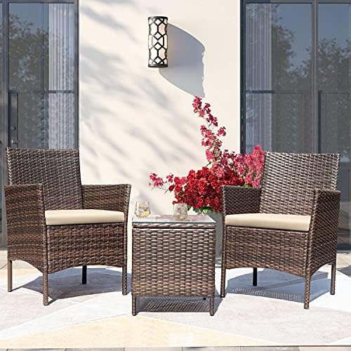 Greesum GS-3RCS8BG 3 Pieces Outdoor Patio Furniture Sets, Brown and Beige