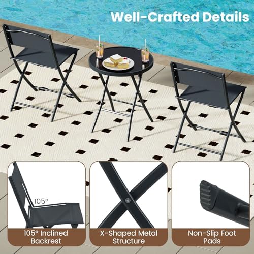 Folding Patio Bistro Set - Tempered Glass Round Table with 2 Fabric Chairs - Metal Frame Garden Dining Furniture for Outdoor Use