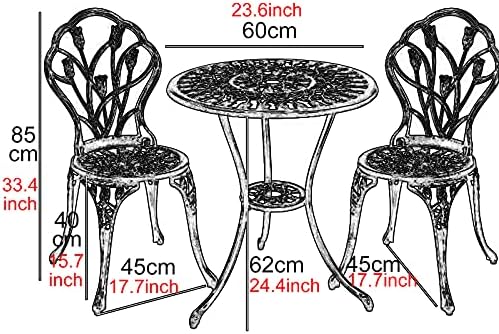 3-Piece Outdoor Bistro Set with Rose Carving Design - Rust-Resistant Cast Aluminum Patio Table and Chairs Furniture Sets with Umbrella Hole - Antique Finish