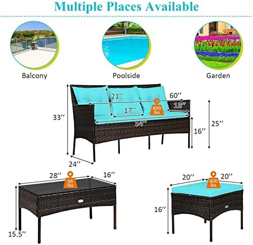 3 PCS Patio Rattan Furniture Set 3-Seat Sofa Cushioned Table Turqouise Suitable for Poolside, Backyard and Garden, Etc