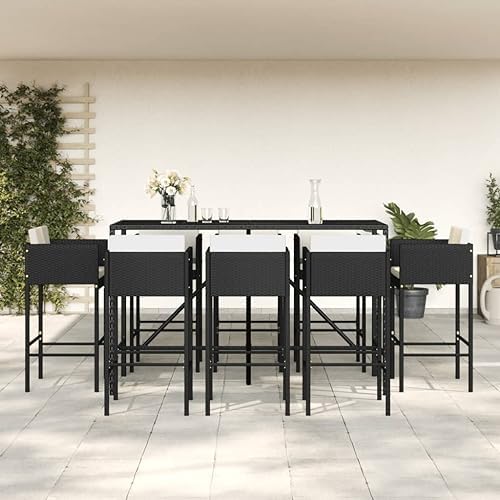 Outdoor Dining Set Bistro Furniture,for Balcony Terrace Poolside,9 Piece Garden Bar Set with Cushions Black Poly Rattan