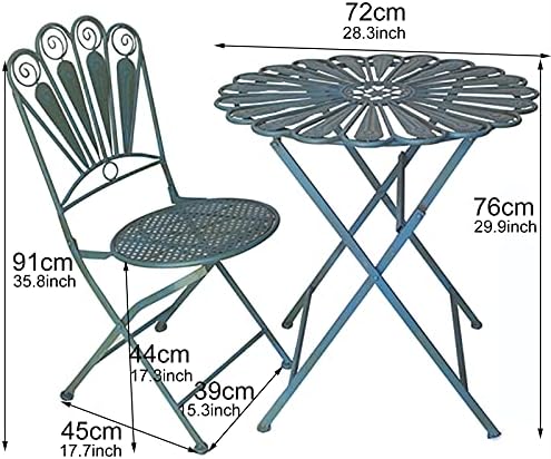 Indoor/Outdoor 3-Piece Peacock Feather Rustic Bistro Set - Metal Folding Round Table and Chair - All Weather Resistant Patio Furniture Set - Light Blue