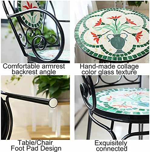 European Style Iron Art 3 Piece Bistro Set with Retro Stained Glass Mosaic Flower Pattern - Outdoor/Indoor Furniture Sets Armrest and Backrest Patio Table Chairs for Yard, Garden, Antique Green