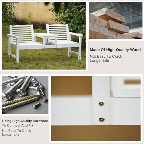 Stylish Outdoor Garden Bench with Backrest & Umbrella Hole, Wood Patio Seating Set, 2-Tier Side Table, Ideal for Porch & Balcony - Elegant White Design