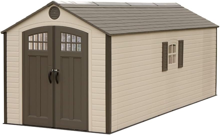 Lifetime 60120 Heavy Duty Plastic Garden Shed, 8 x 10 ft (244 x 305 cm) Outdoor Storage Workshop, Steel-Reinforced High-Density Polyethylene, Tan