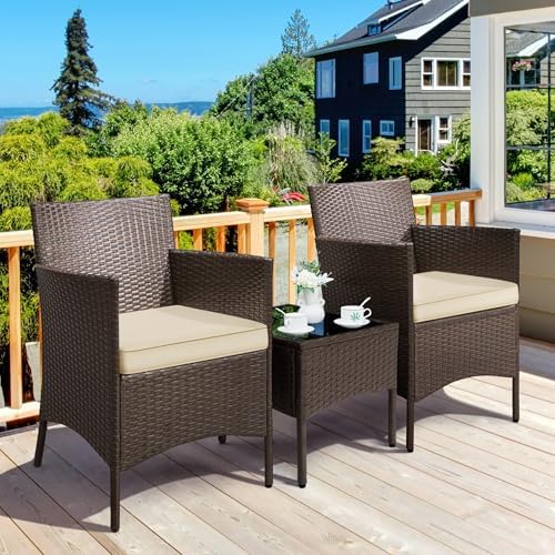 Yaheetech 3-Piece Rattan Garden Set, Outdoor Patio Conversation Furniture, Woven Chairs & 1 Side Table with Cushions for Bistro/Porch/Garden/Deck/Courtyard, Brown/Khaki