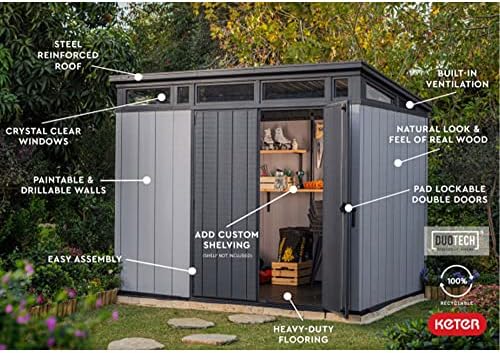 Keter Artisan 8x7 All Season Storage Shed with Clear Windows, Built-in Ventilation, Customizable Walls and Lockable Double Doors, Grey